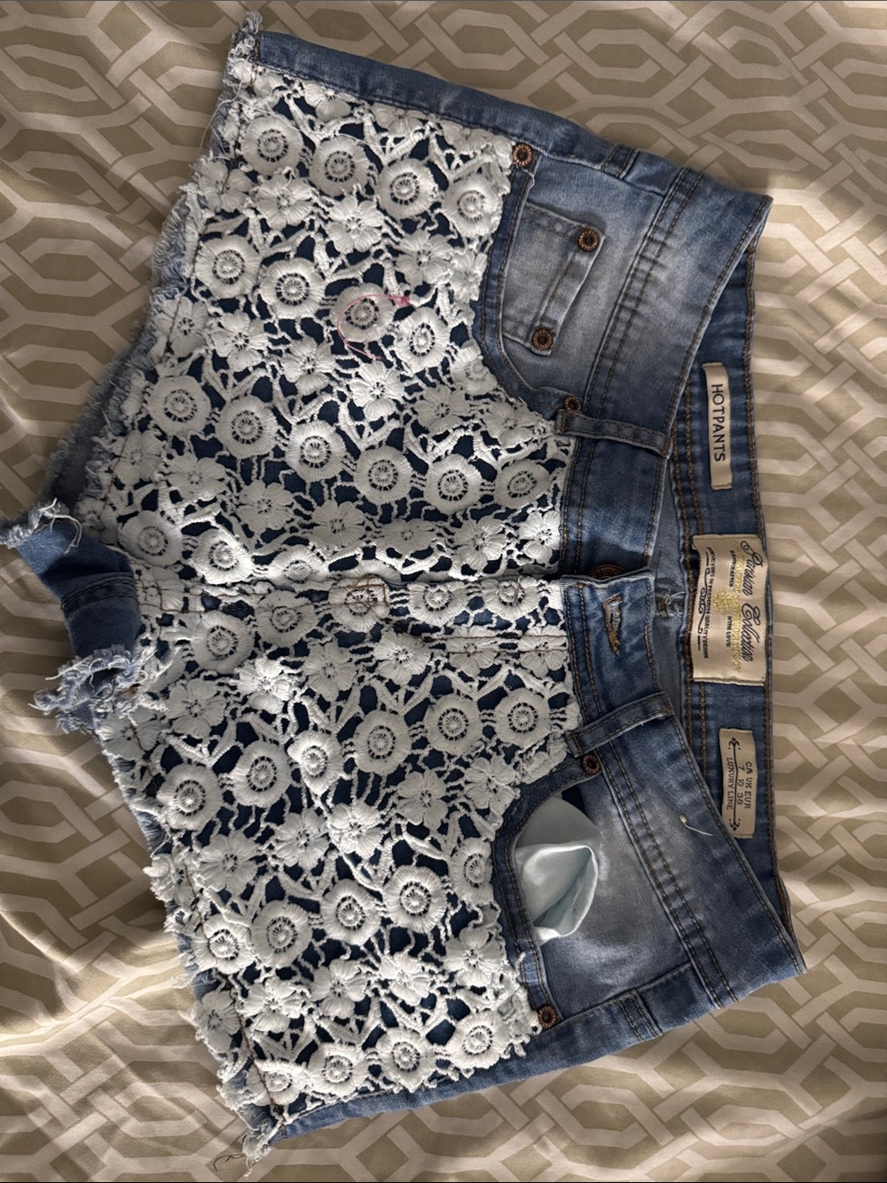 Blue Denim Shorts with White Crochet Overlay